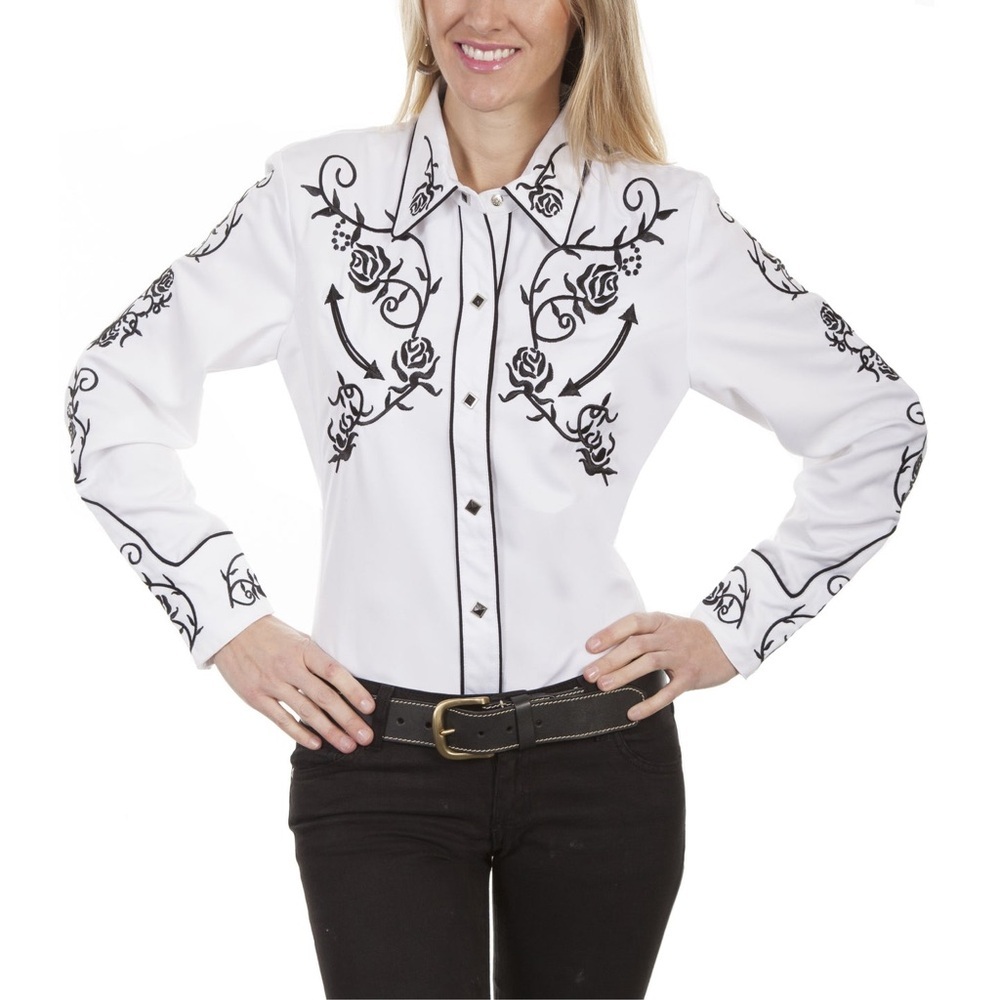 Scully White and Black Embroidered Button Down Shirt